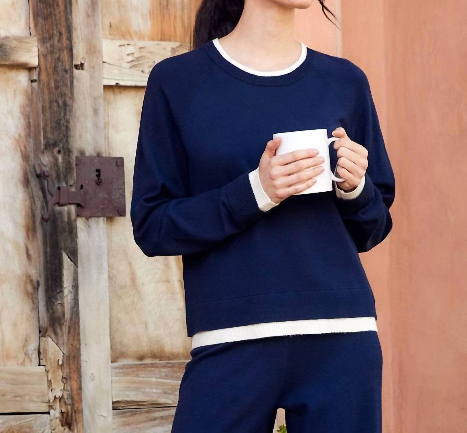 Karen Kane Contrast Crewneck Sweater in navy with cream - women's sweater - view 6
