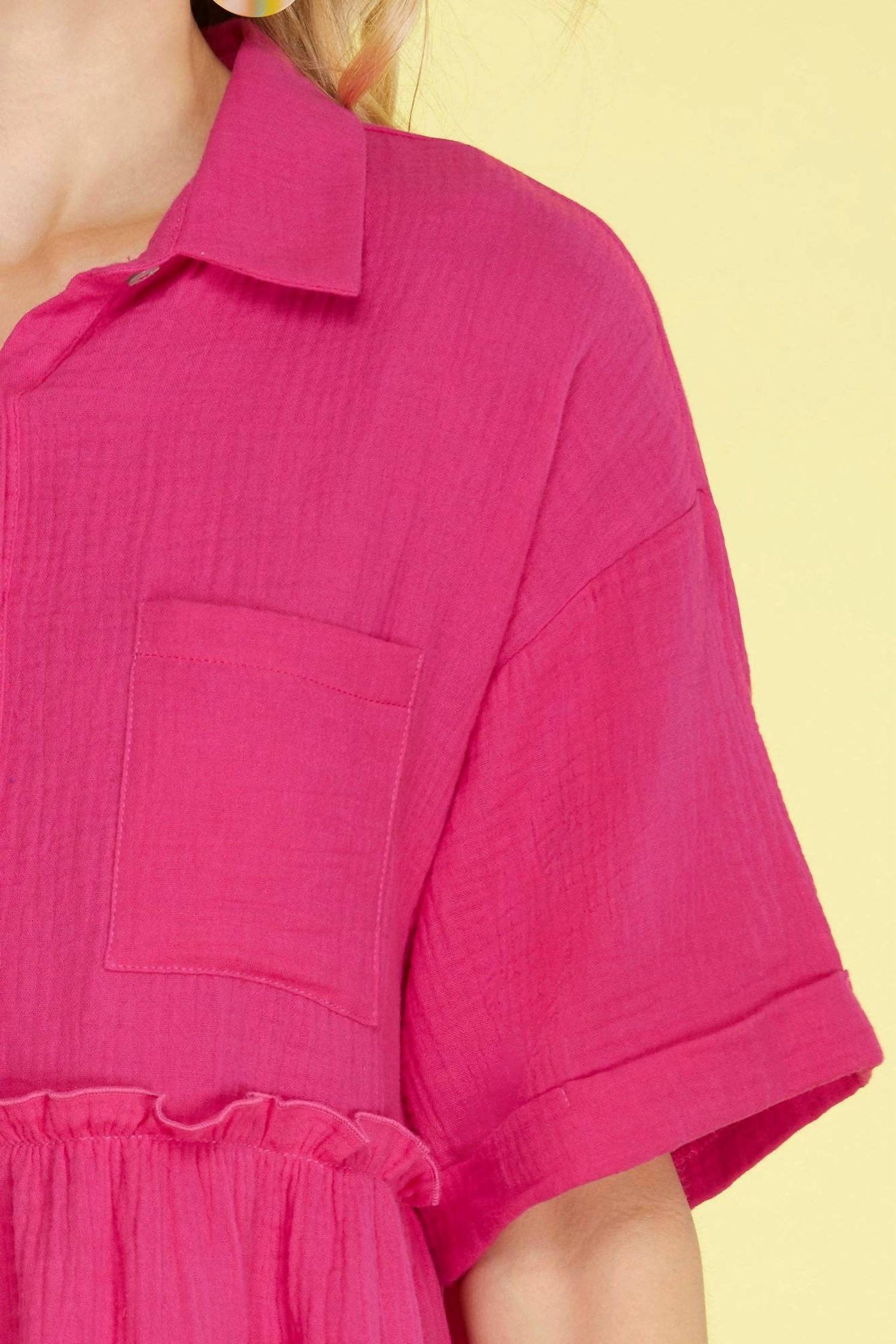 SHE + SKY HALF SLEEVE BUTTON DOWN COLLARED TIERED GAUZE DRESS in hot pink - women's dress - view 4