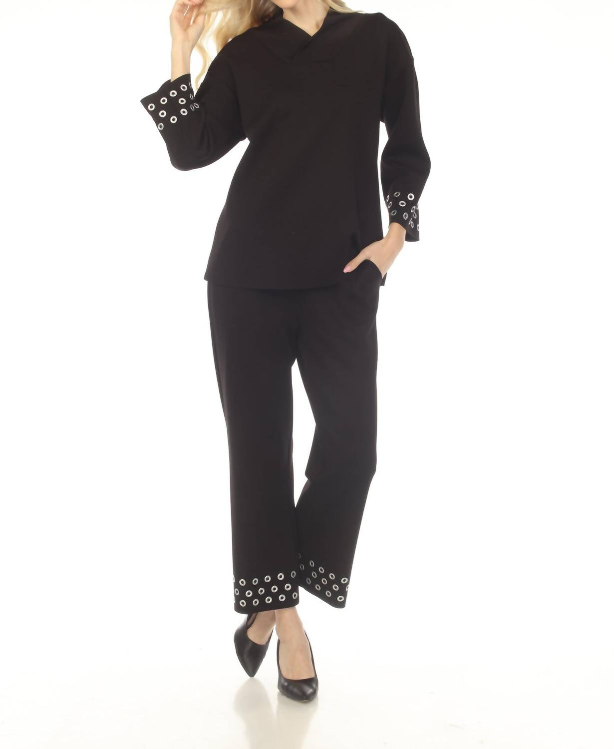 Joseph Ribkoff Grommet Detail Pull On Straight Pants in black 1 - women's pants