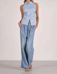 Elan - Halter Neck Sleeveless Collared Button Down Top
