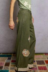 Pol - Charleston Wide Leg Denim Daisy Patchwork Cuff Jeans
