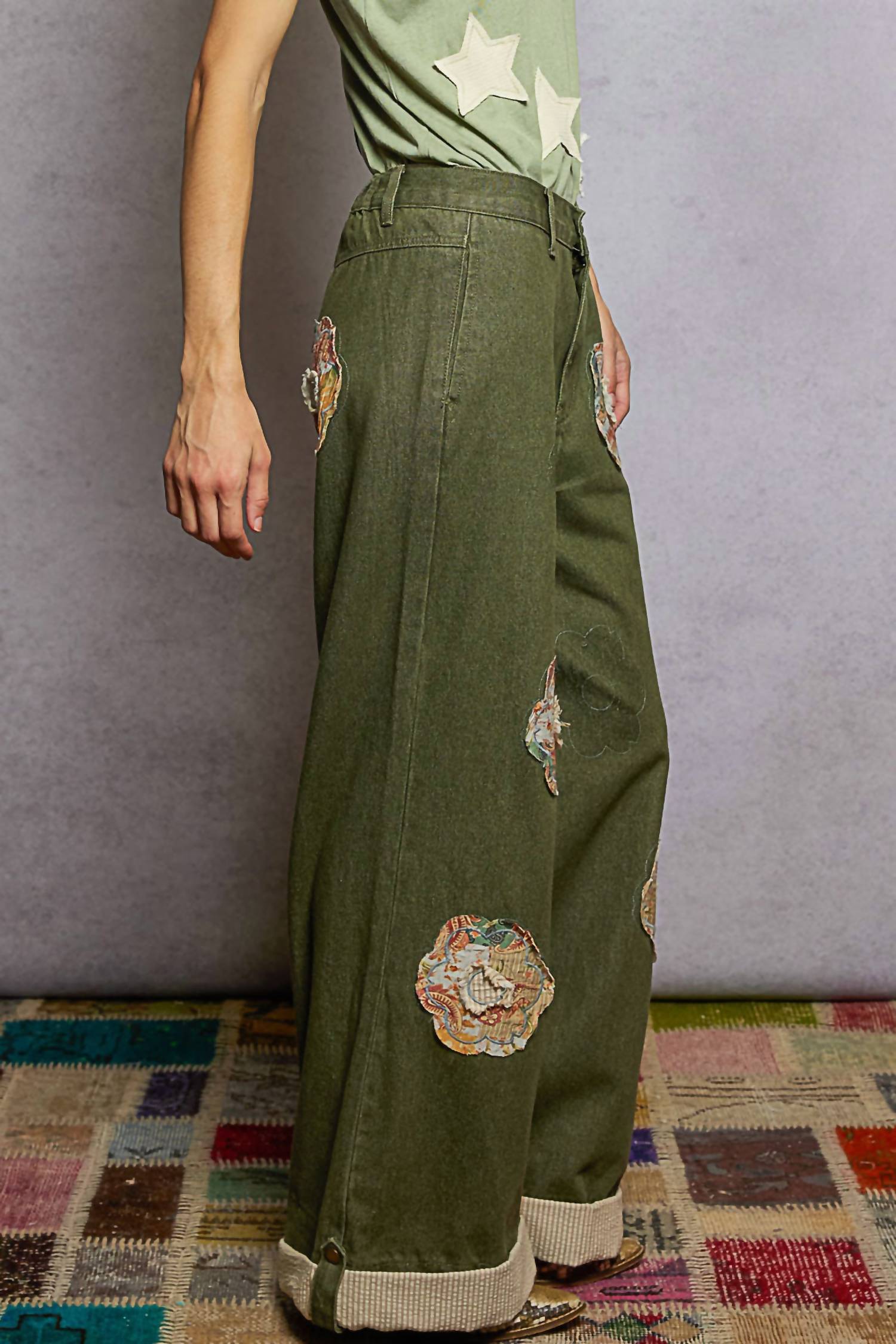 Pol - Charleston Wide Leg Denim Daisy Patchwork Cuff Jeans