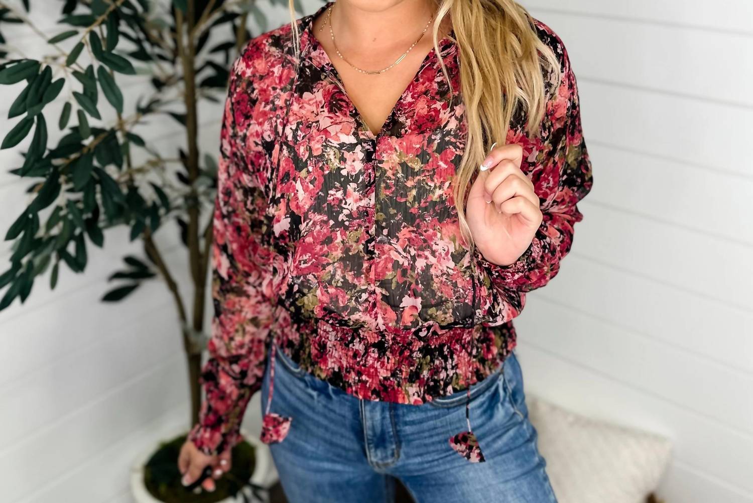 Mystree - Feels So Connected Sheer Long Sleeve Floral Top