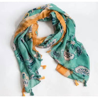 FUNKY MONKEY Women's Cottage Floral Lightweight Tassel Scarf in turquoise yellow - women's scarf