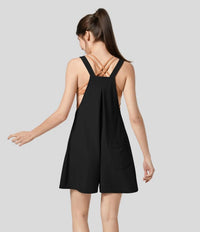 Halara - Adjustable Strap Button Multiple Pockets Plicated Waffle Casual Short Overalls