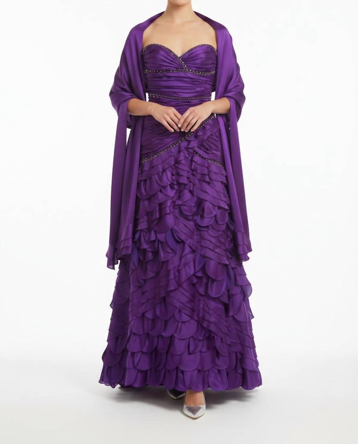 Ysa Makino - Strapless Ruffled Beaded Shawl Maxi Dress