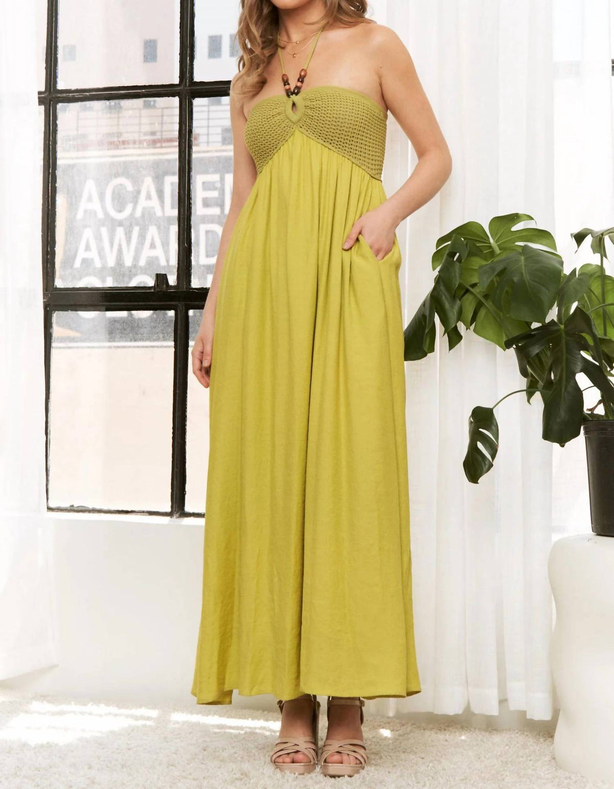 Sweet Generis - Crochet Contrast Beaded Halter Neck Maxi Dress