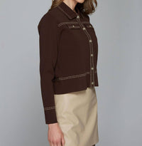 Autumn Cashmere Saddle Stitch Collared Jacket in espresso combo - women's jacket - detail view