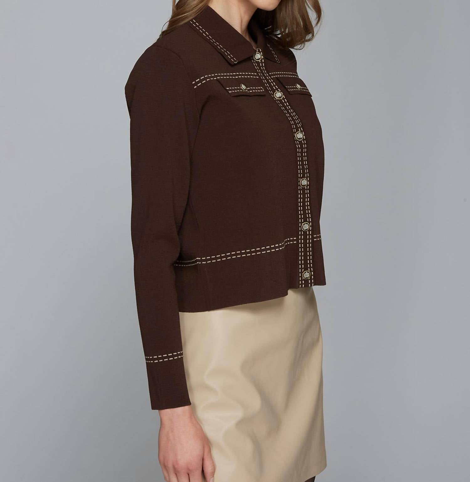 Autumn Cashmere Saddle Stitch Collared Jacket in espresso combo - women's jacket - detail view