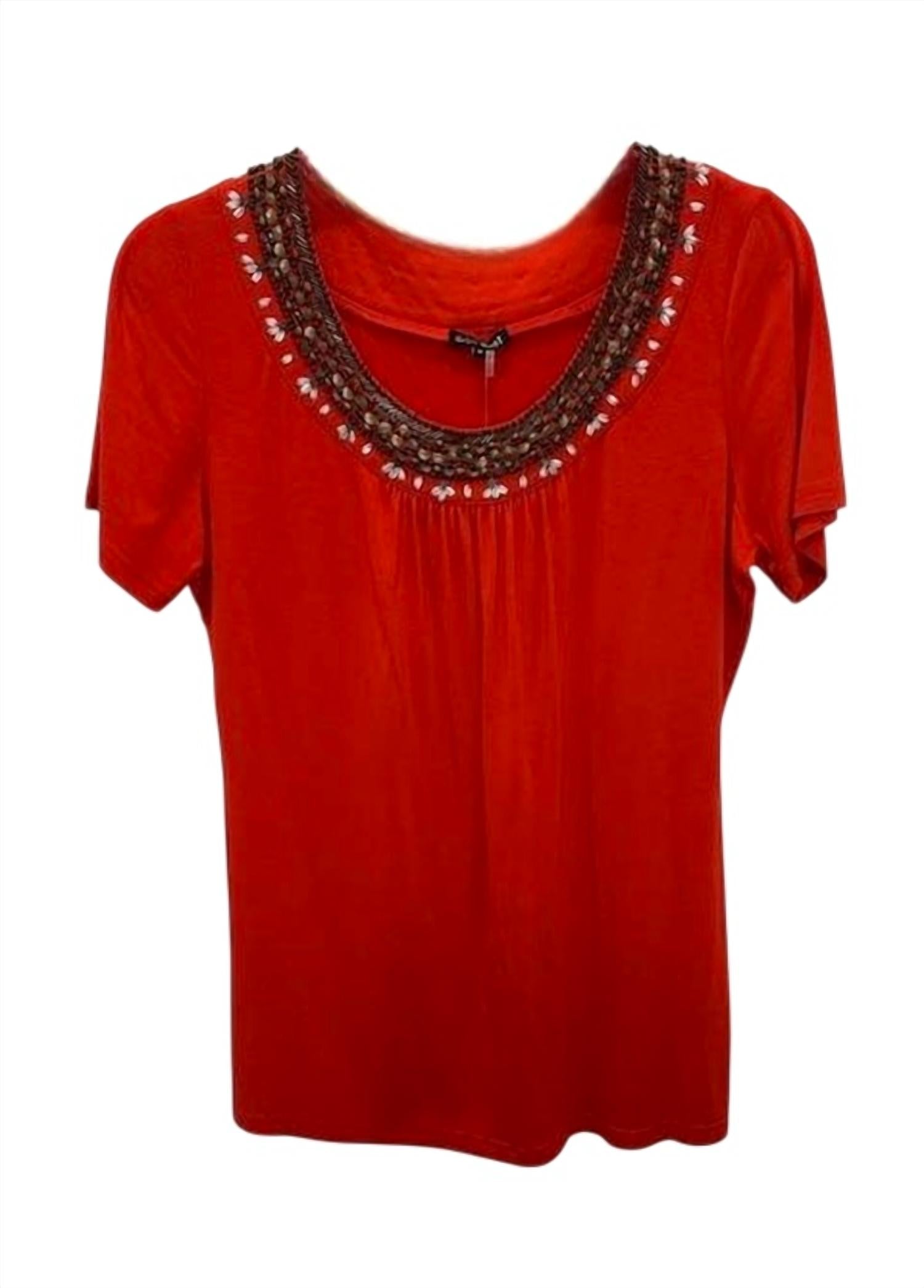600 West Women Short Sleeve Beaded Tee in tomato - women's t-shirt