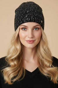Joseph Ribkoff Sequined Knit Beanie in black silver 1 - women's hat