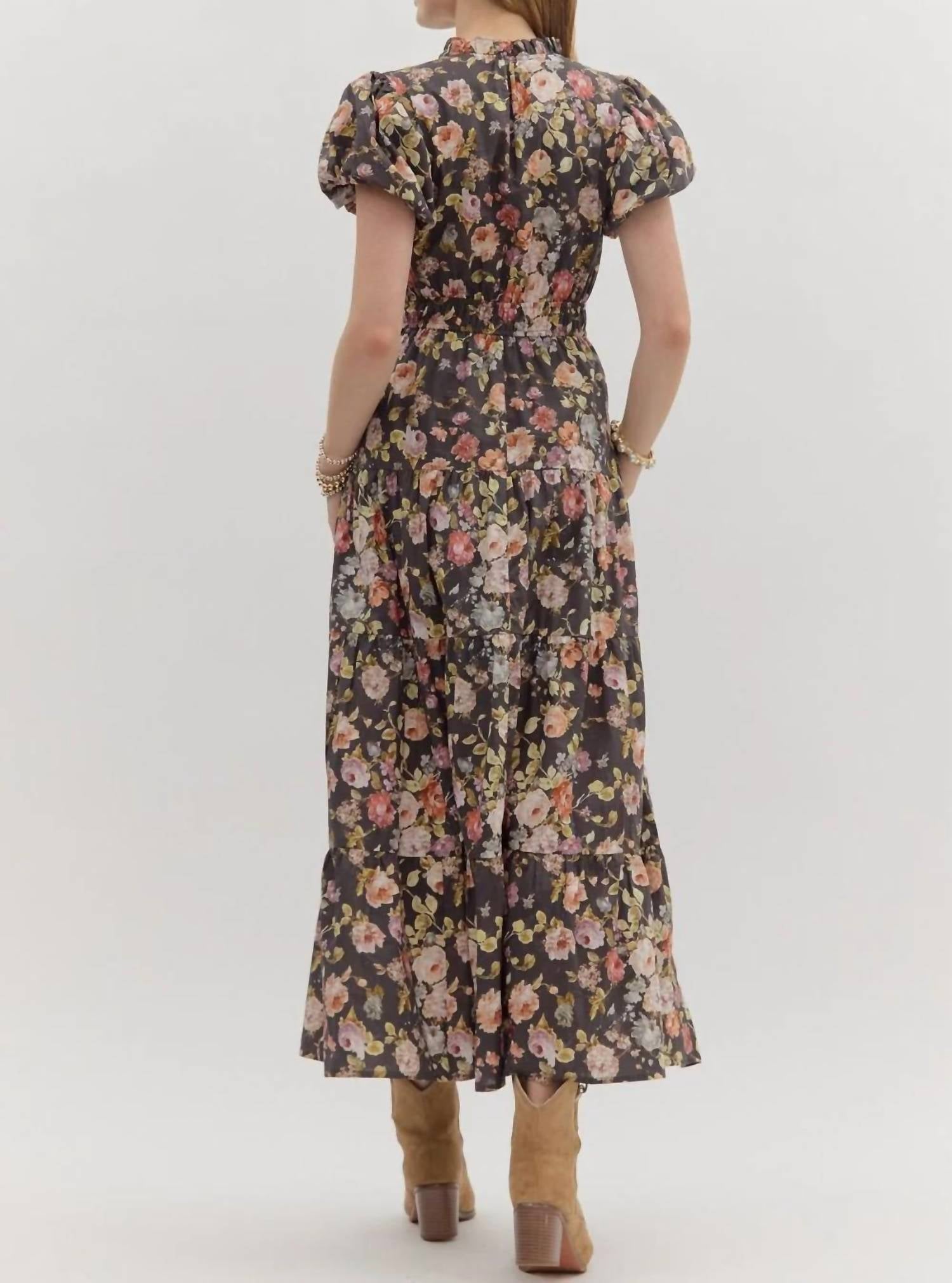 Entro - Women's Floral Puff Sleeve Midi Dress
