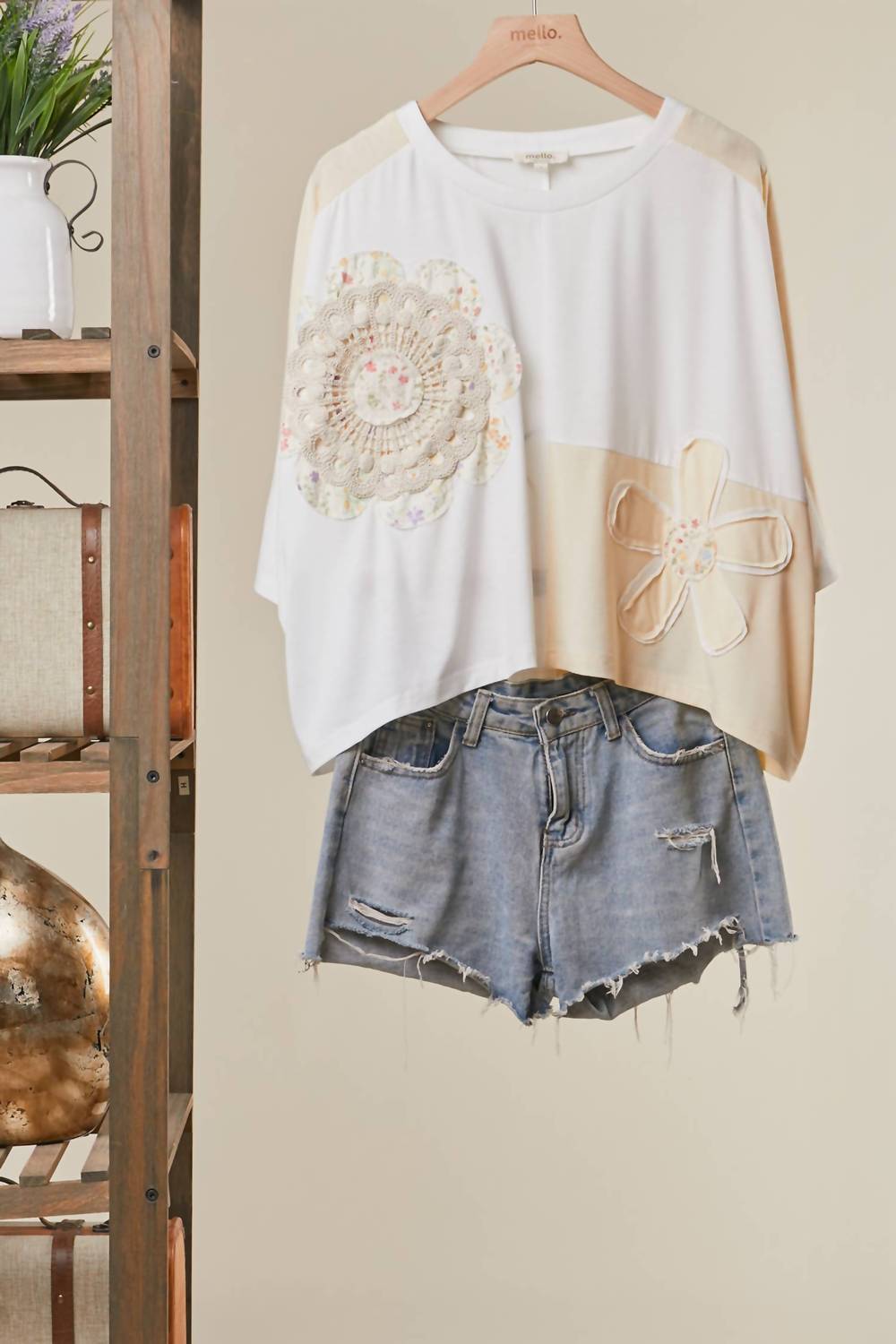 Mello Oversized Embroidered Crochet Patch Work Top in cream - women's t-shirt - view 4