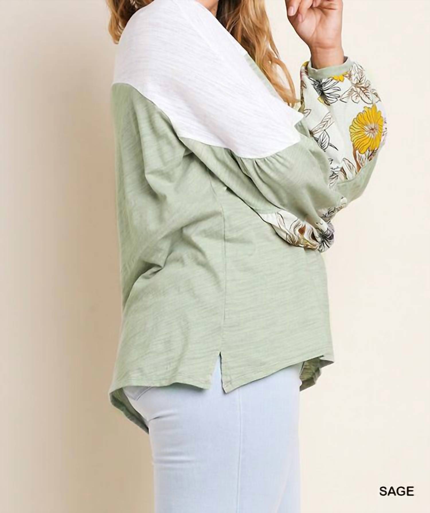 Umgee - Leaf Puff Sleeve Colorblock Top