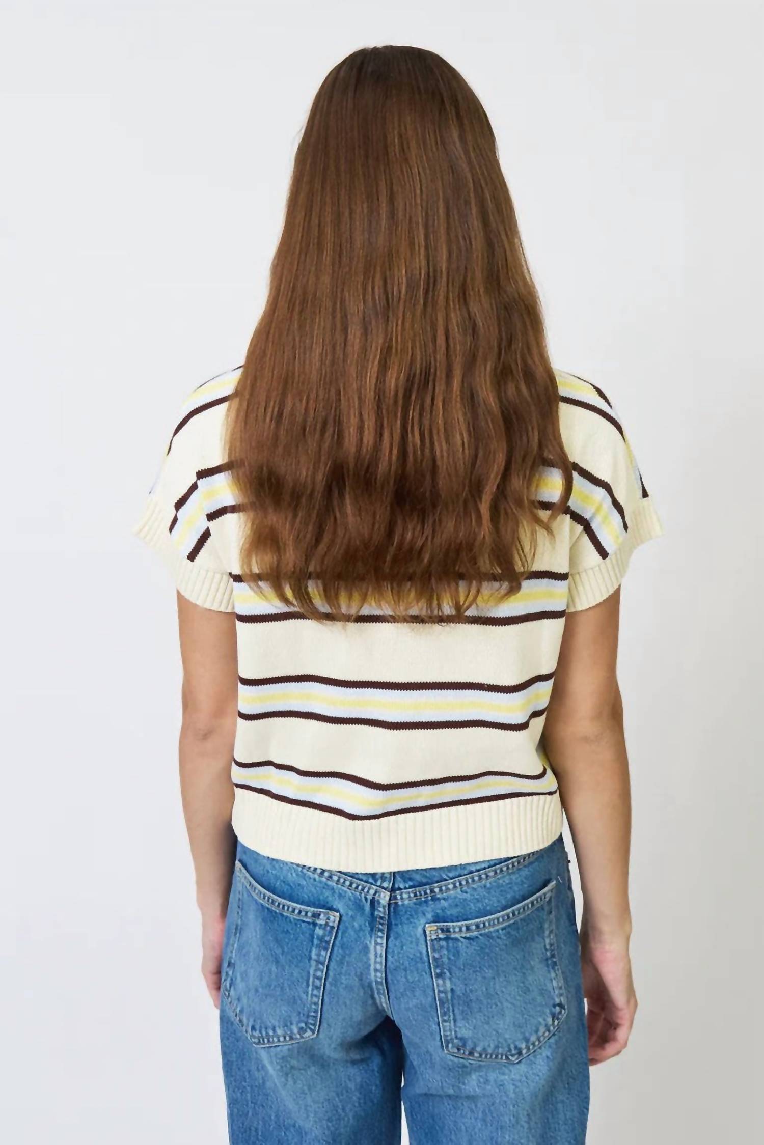 Central Park West Chloe Oxford Collar Sweater in cream stripe - women's blouse - detail view
