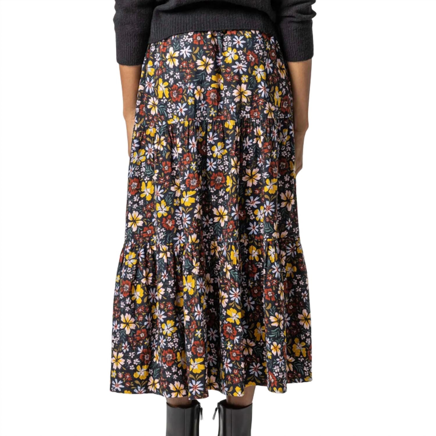 Lilla P Women's Floral Tiered Skirt in black floral - women's skirt - detail view