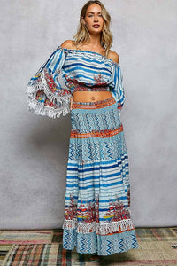 Pol - Off-Shoulder Fringe Sleeve Smocked Top and Skirt Set