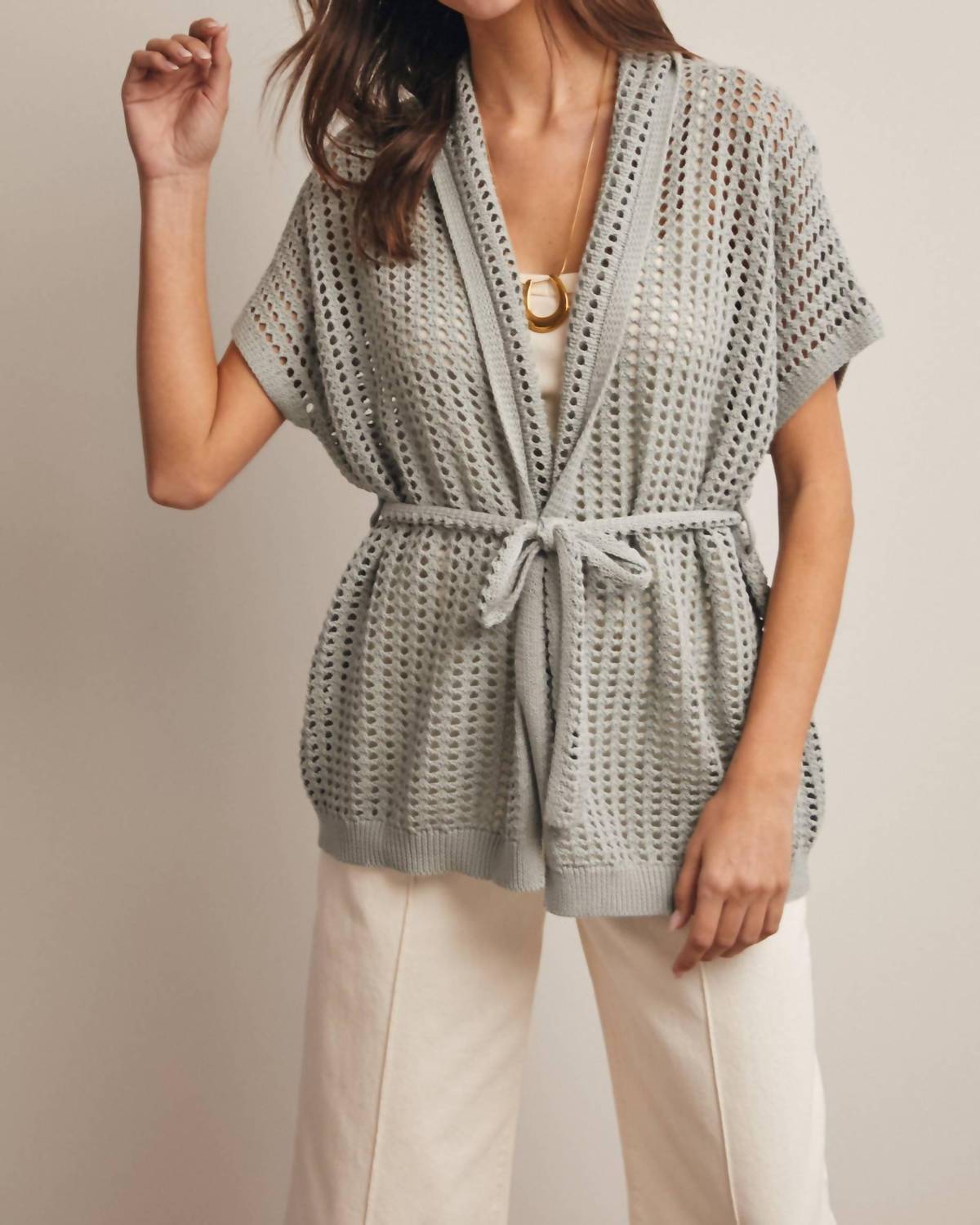 Forte Open Knit Belted Cardigan in seafoam - women's cardigan