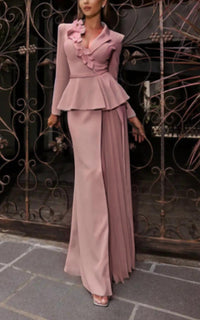Terani Couture - Terani Couture V-neck Full Sleeves Long Sheath Dress
