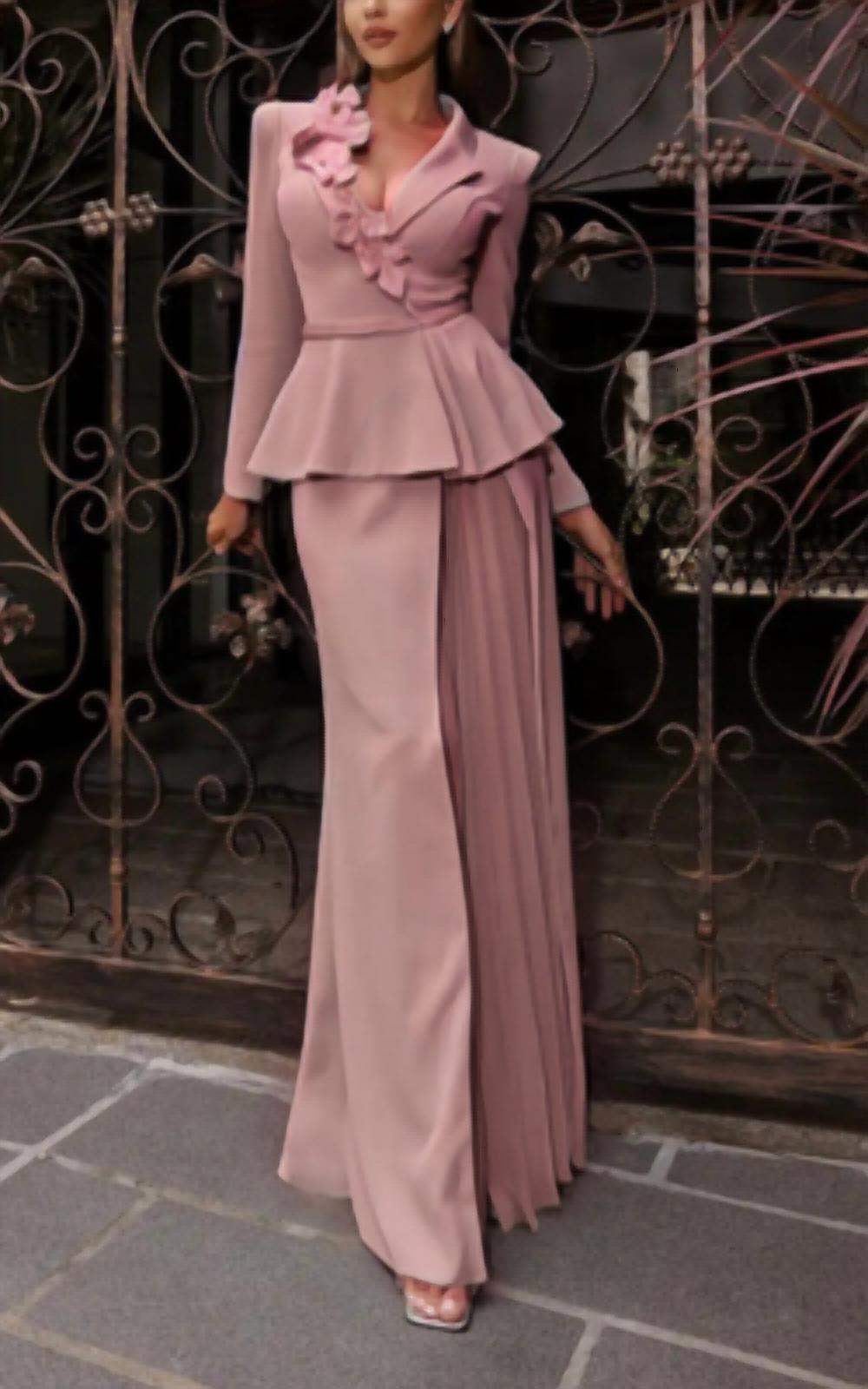 Terani Couture - Terani Couture V-neck Full Sleeves Long Sheath Dress
