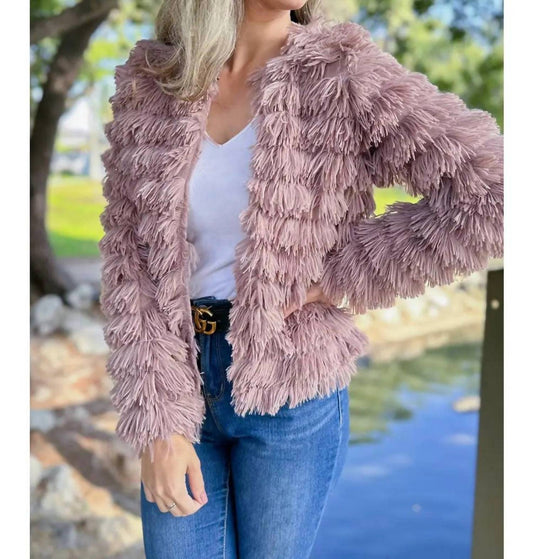 Amoli - Dressy Faux Fur Fringe Open Front Jacket