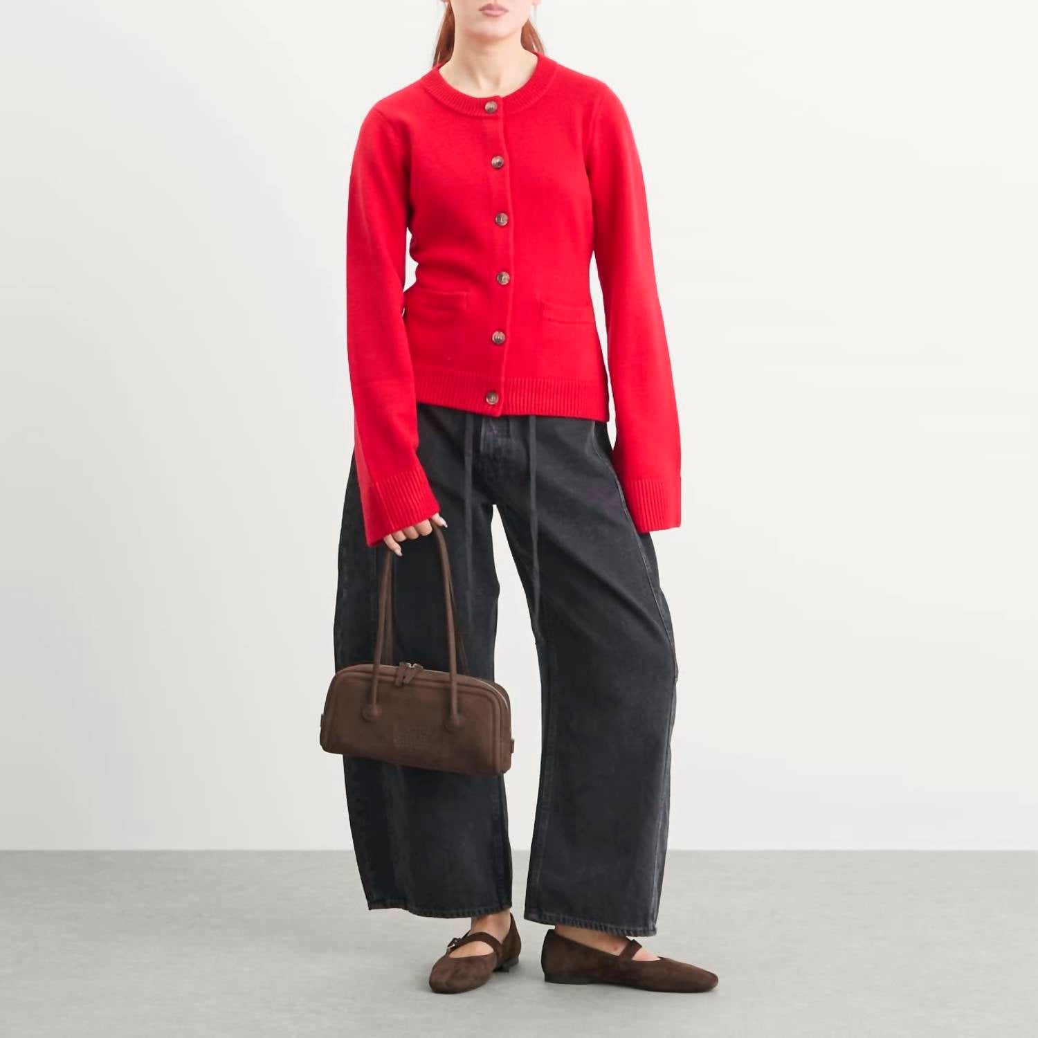 GOOD AMERICAN Button Front Knit Cardigan in chili - women's cardigan - alternate view