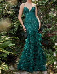 Andrea & Leo Couture Glitter Feather Gown in emerald - women's dress