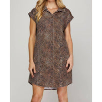 She + Sky - Short Sleeve Leopard Twill Washed Shirt Dress With Pocket