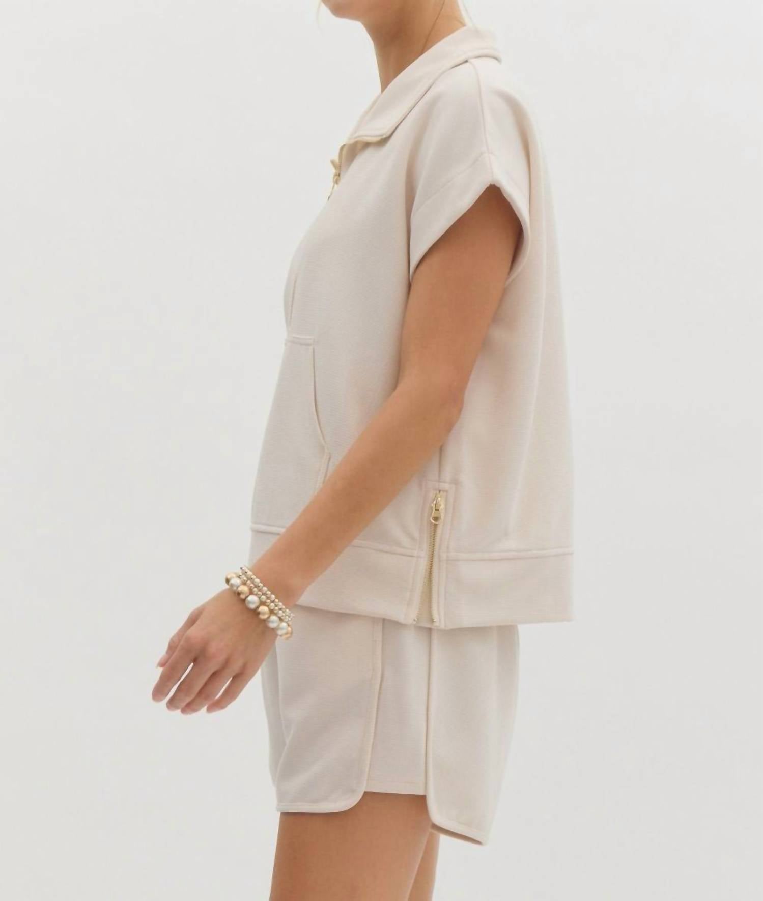 Entro - Solid Rib Textured Half Zip Top