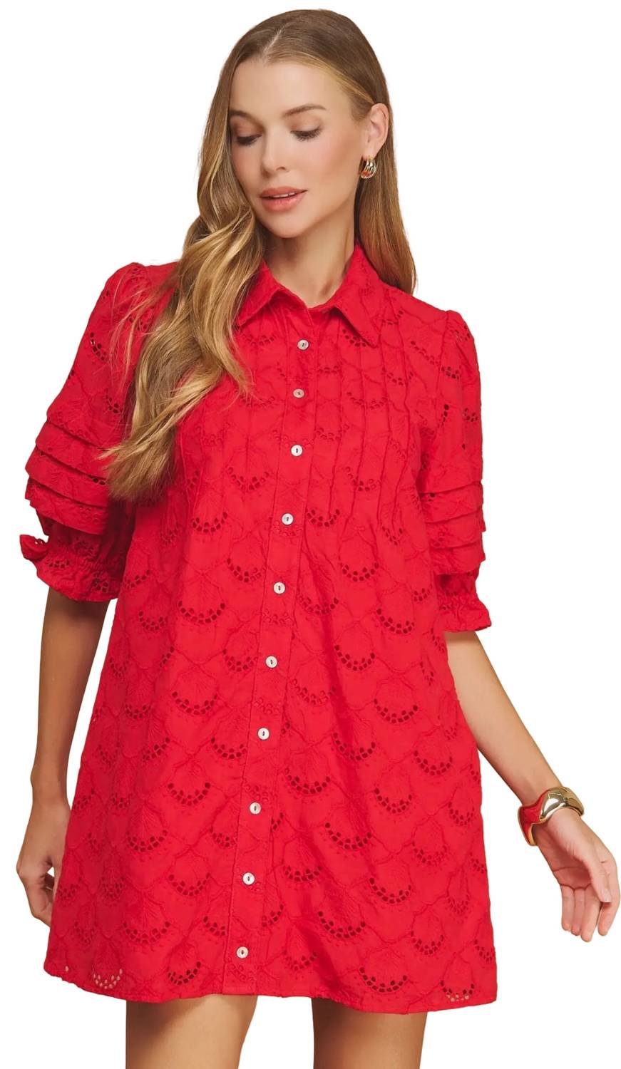 Strut & Bolt - Pintuck Scalloped Eyelet Puff Sleeve Mini Shirt Dress