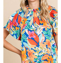 Jodifl - Tropical Floral Print Ruffled Sleeve Top
