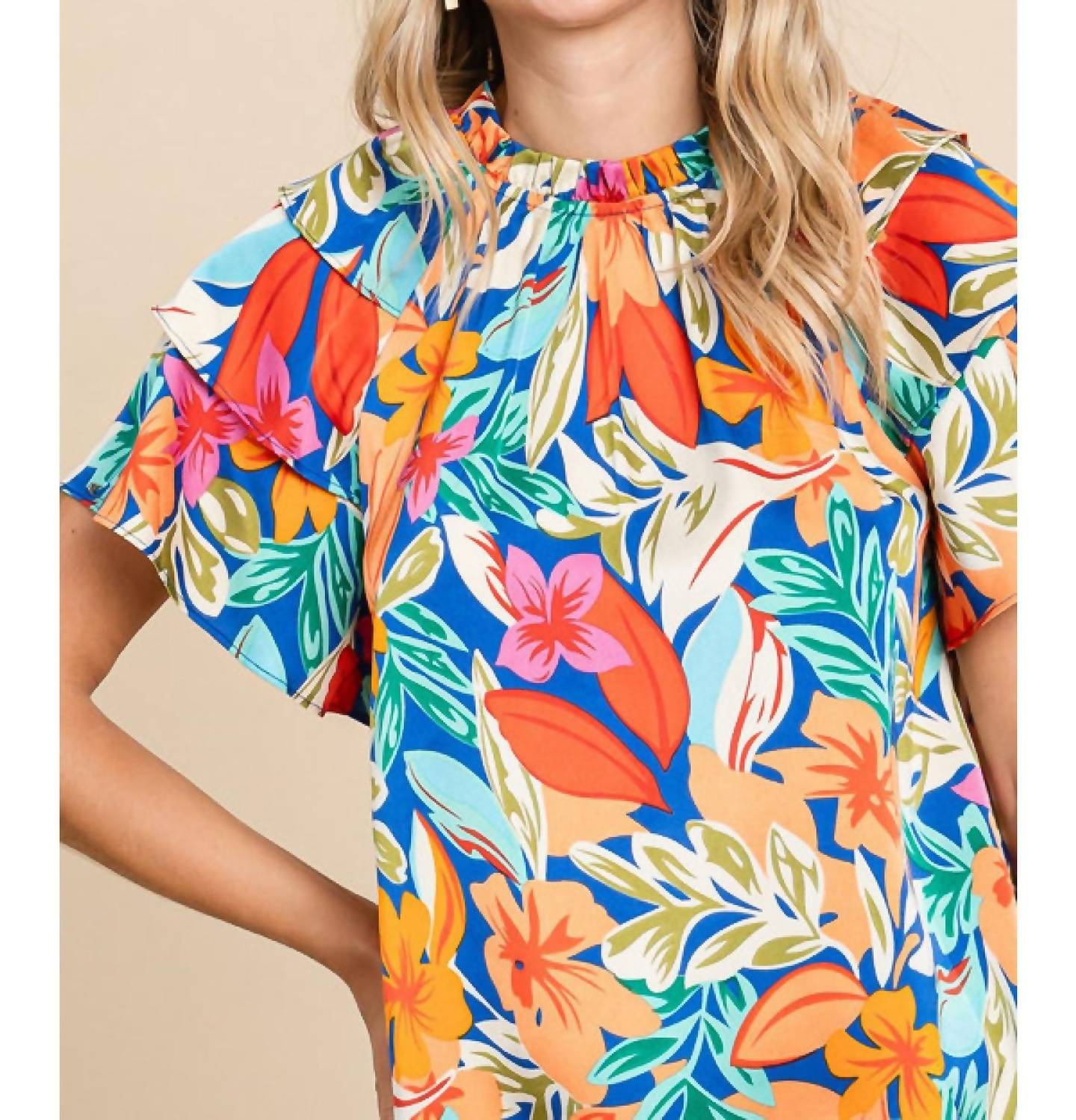 Jodifl - Tropical Floral Print Ruffled Sleeve Top