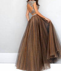 Sherri Hill Two Piece Beaded Bodice Organza Ball Gown in light brown - women's dress - detail view