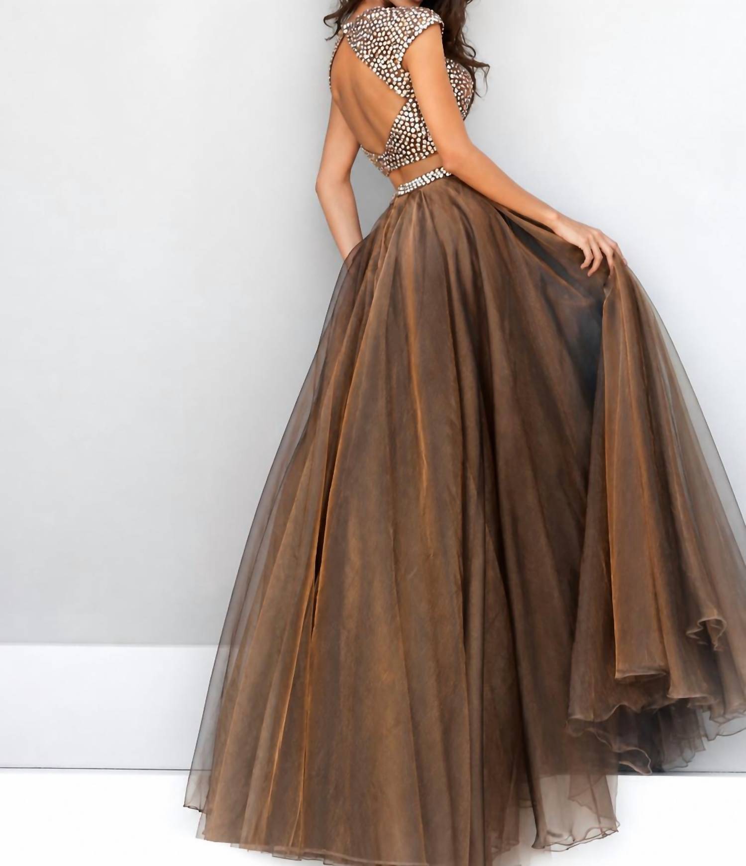 Sherri Hill Two Piece Beaded Bodice Organza Ball Gown in light brown - women's dress - detail view