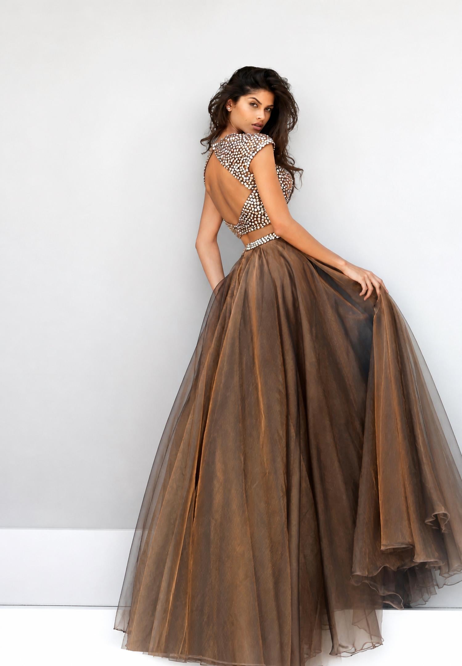 Sherri Hill Two Piece Beaded Bodice Organza Ball Gown in light brown - women's dress - alternate view