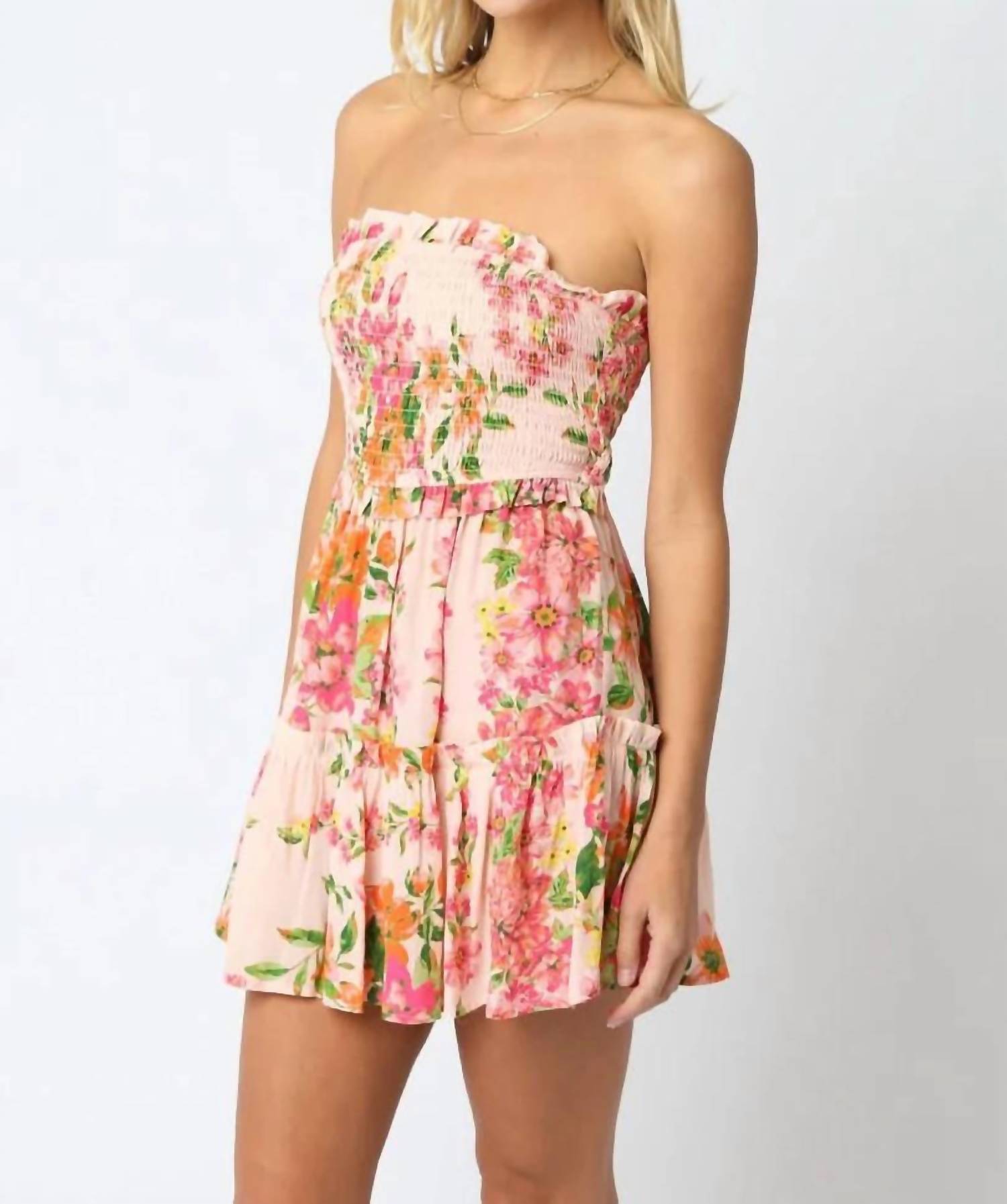 Olivaceous - Strapless Smocked Mini Dress