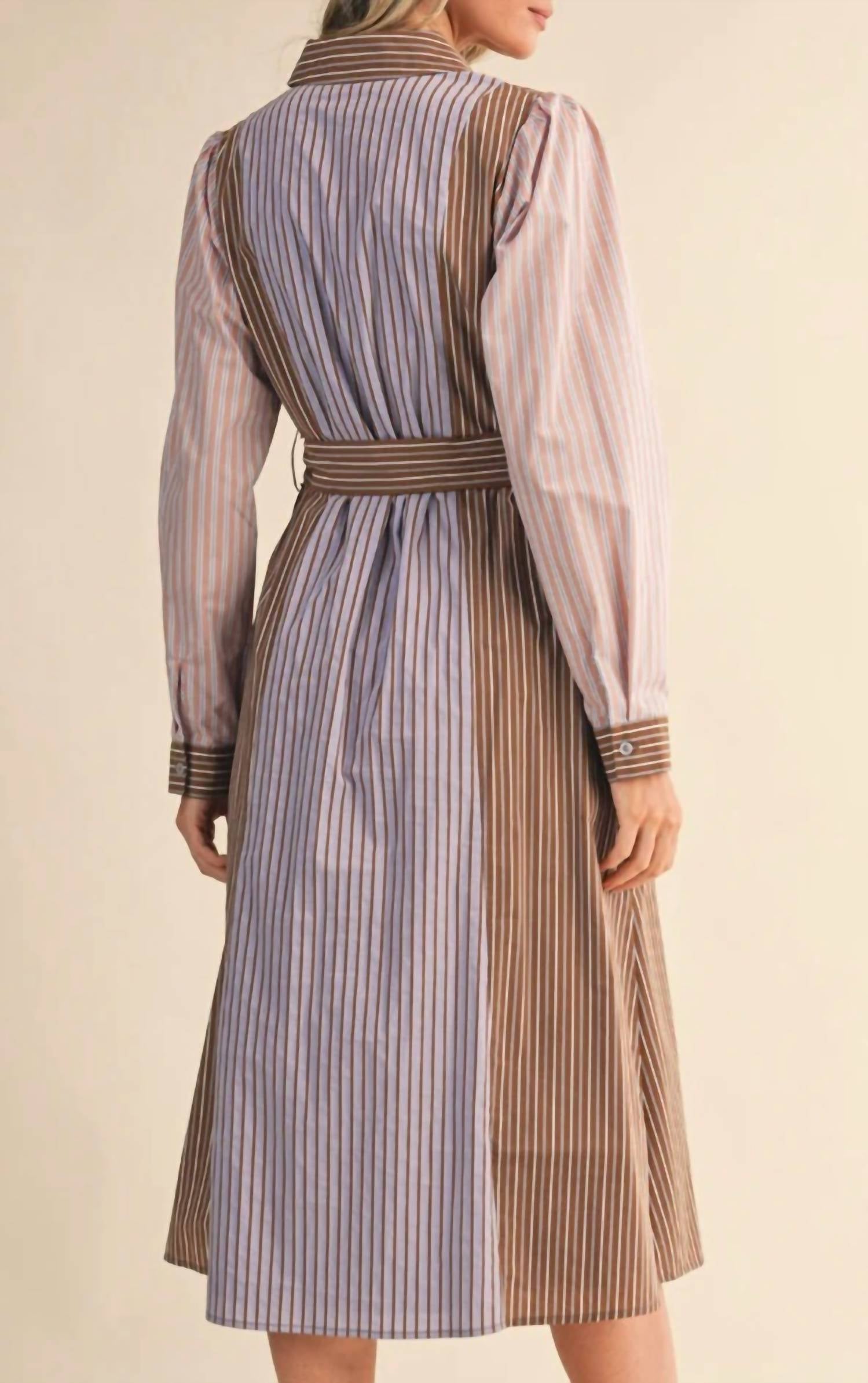 En Merci - Button Up Mixed Stripe Shirt Dress With Belt