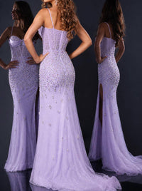JOVANI Strapless Sweetheart Sheer Embellished Gown in lilac - women's dress - detail view