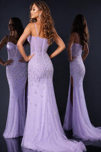 JOVANI Strapless Sweetheart Sheer Embellished Gown in lilac - women's dress - alternate view