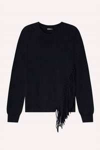 Minnie Rose Cotton Cashmere Fringe Trim Sweater in black - women's sweater - view 5