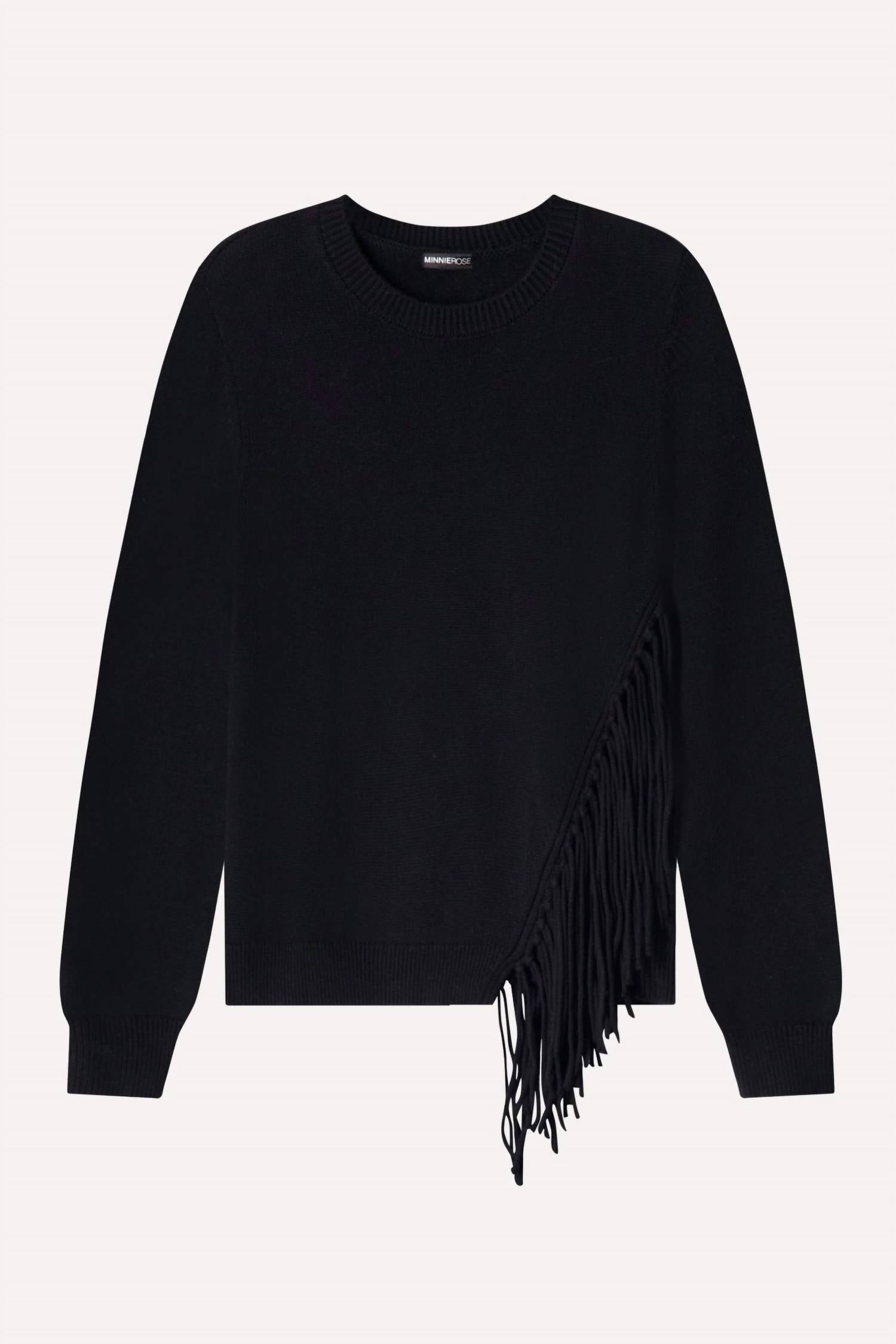 Minnie Rose Cotton Cashmere Fringe Trim Sweater in black - women's sweater - view 5