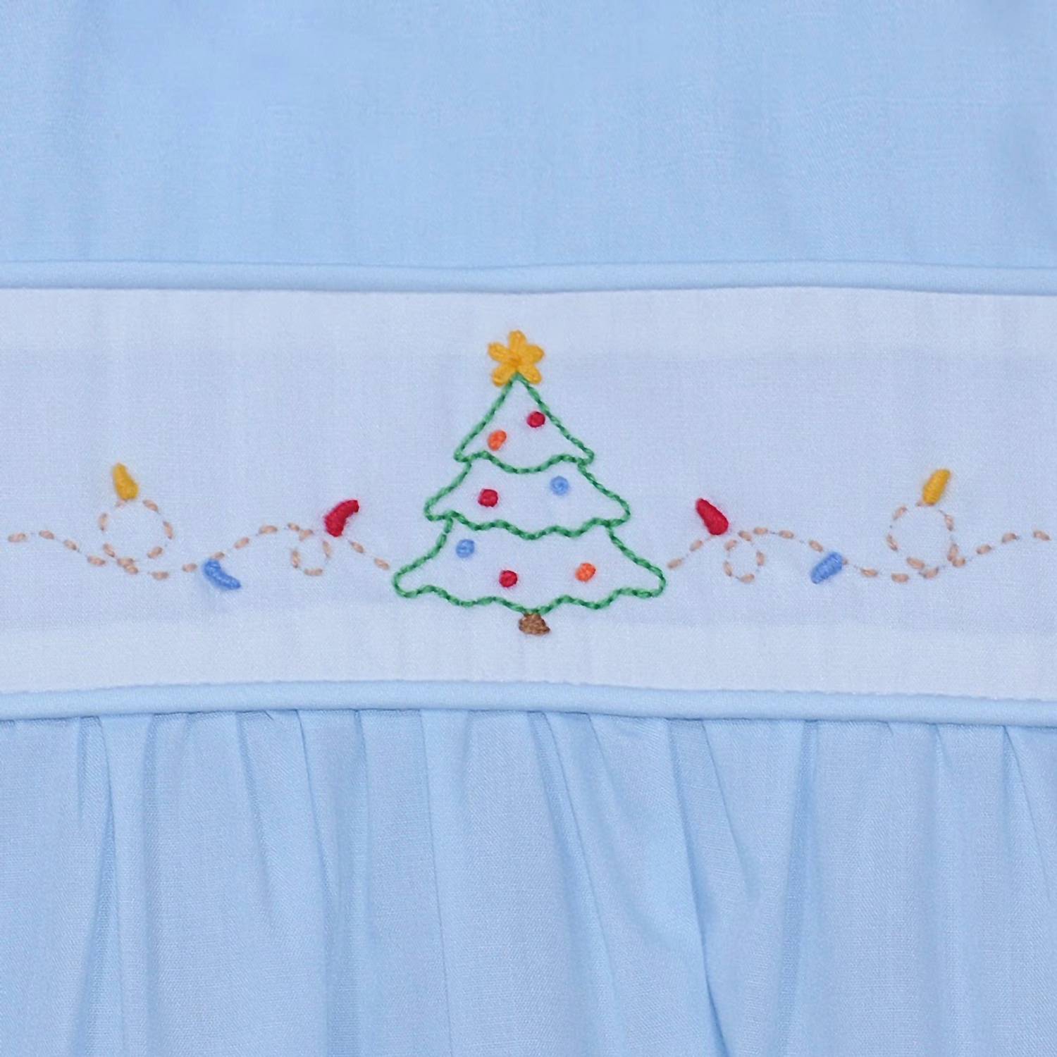Baby Sen Kids Embroidered Jon Jon Romper in blue christmas tree with lights - kids' item - detail view