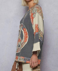 Pol - Crew Neck Printed Peace Patch Overlock Stitch Knit Top