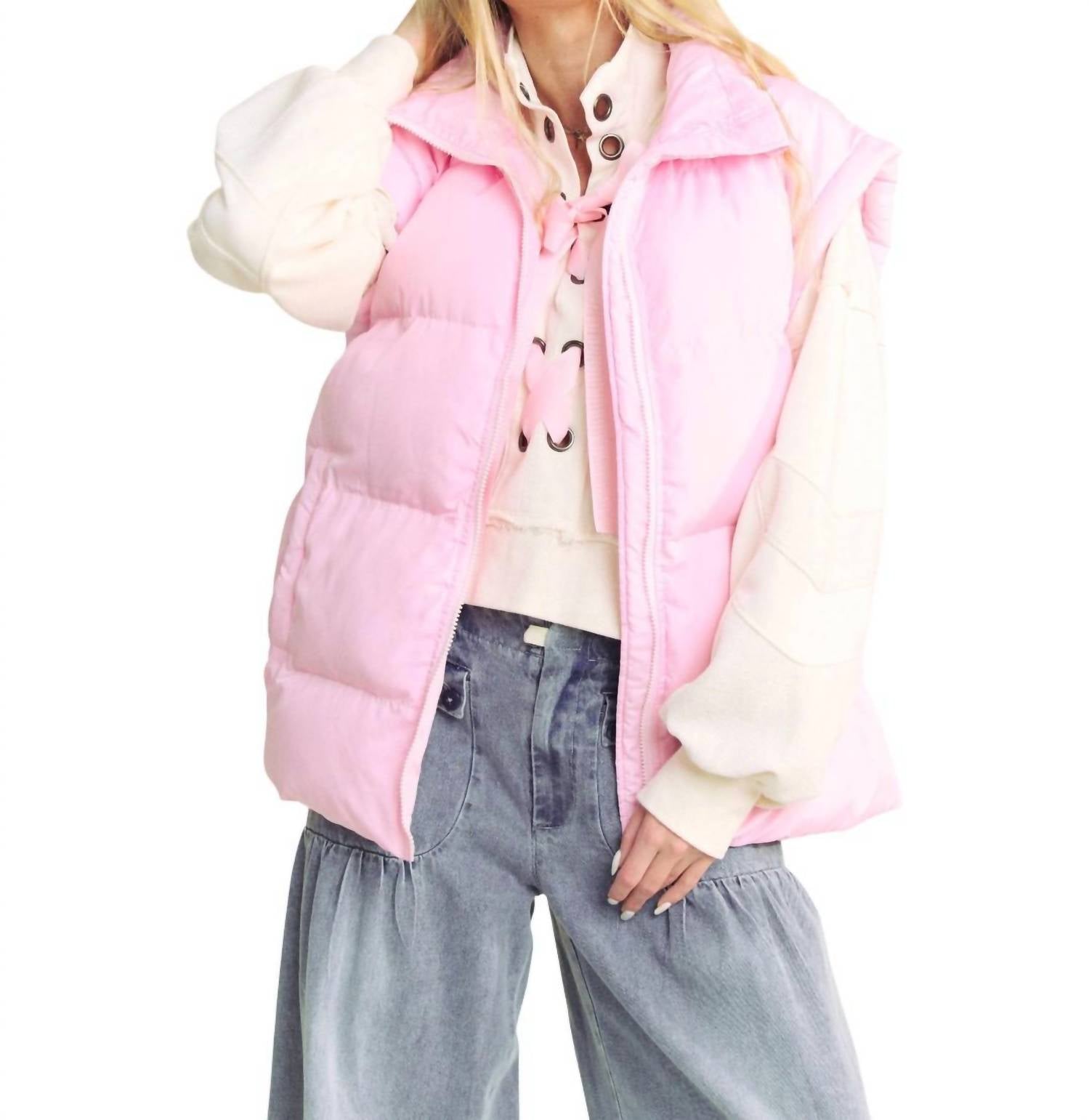 Davi & Dani - Solid Sleeveless Zipper Puffer Jacket Vest - Plus
