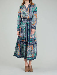 current air Print Split Neck Dress and Sash in green - women's dress