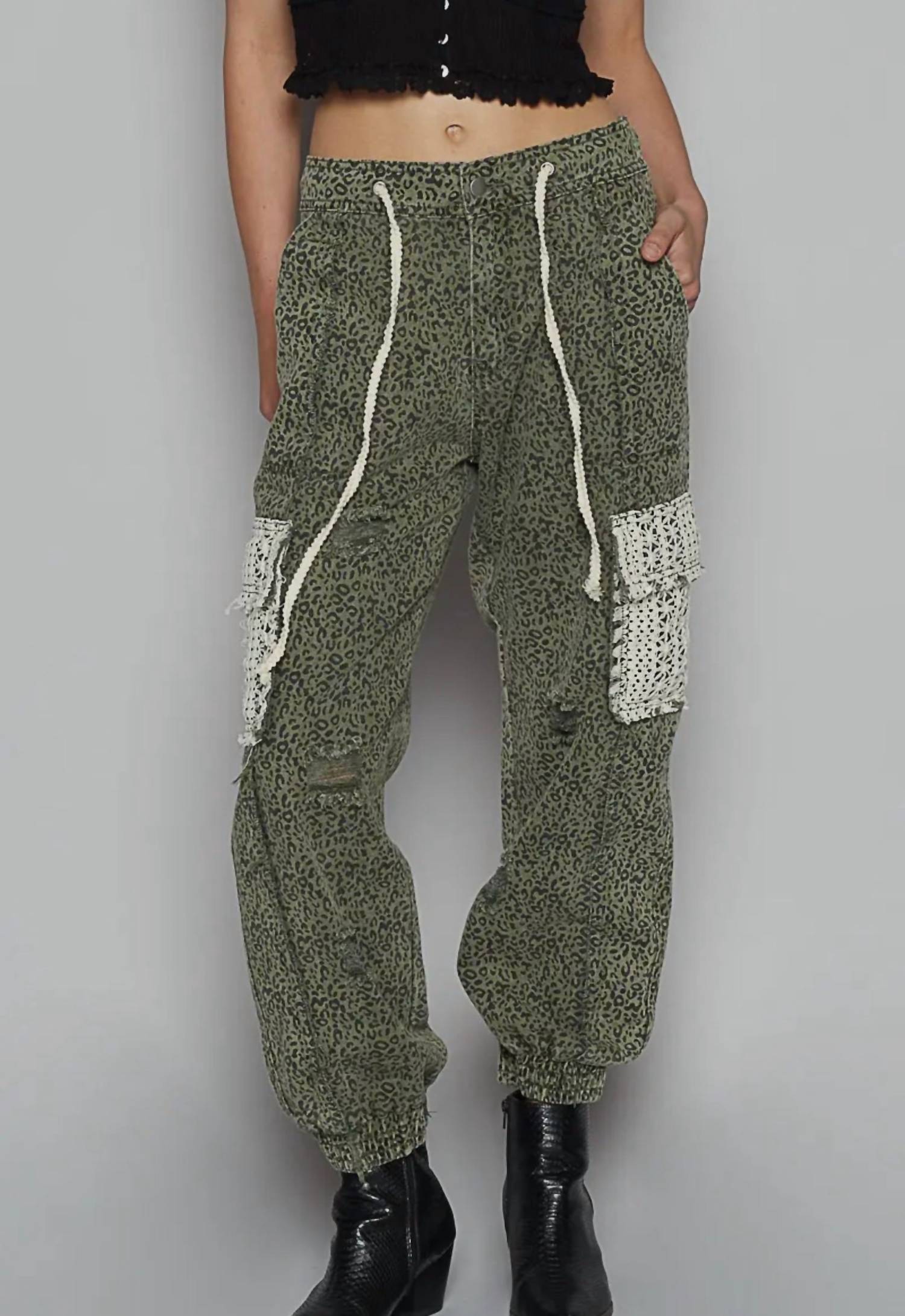 POL Animal Print Jogger in washed green - women's pants