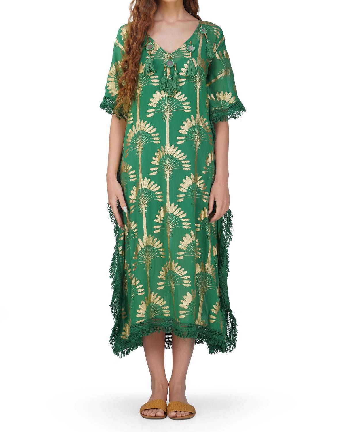 America & Beyond - Foil Tassel Kaftan Dress