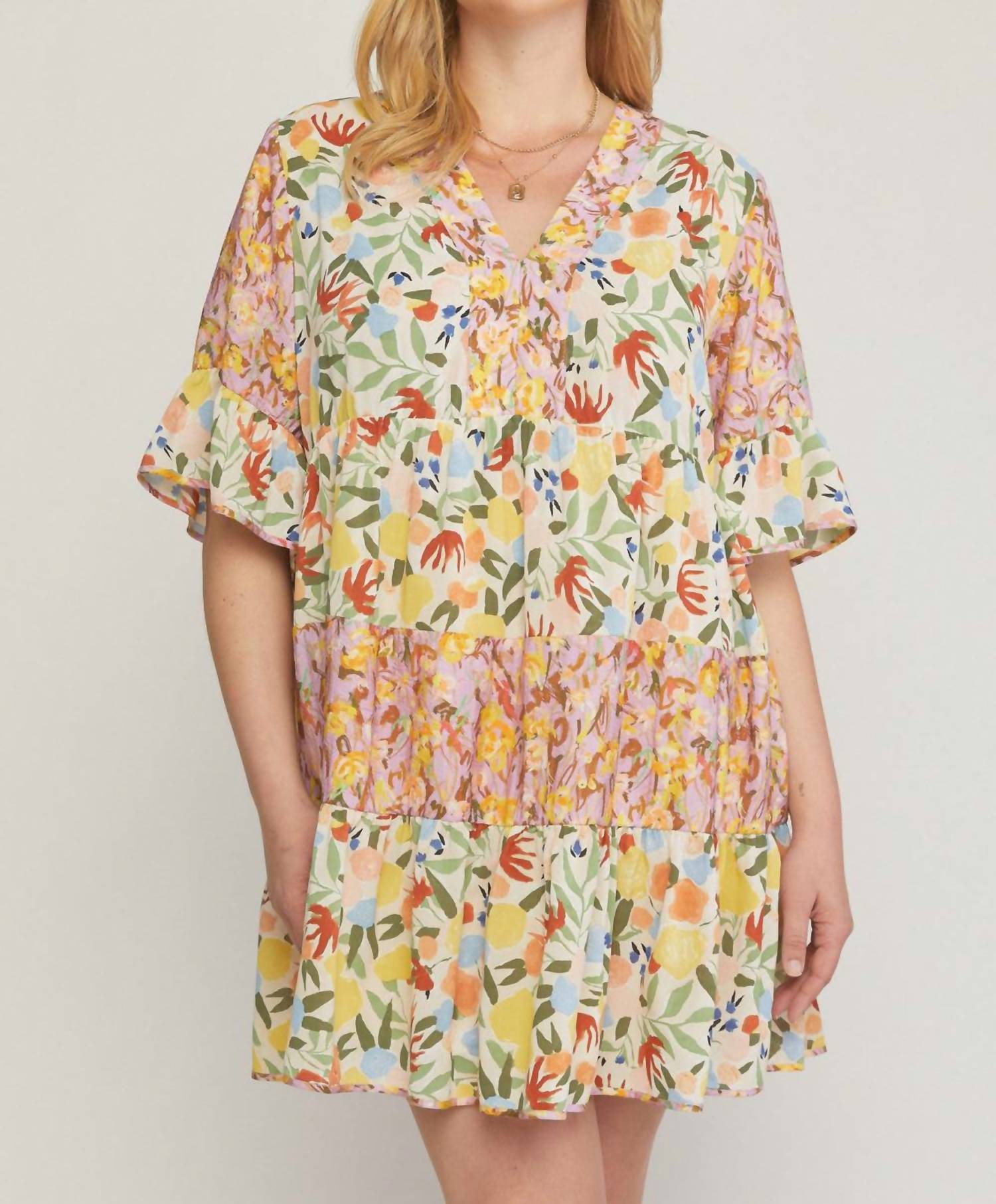 entro Mixed Floral Ruffle Dress in multi - women's dress - detail view