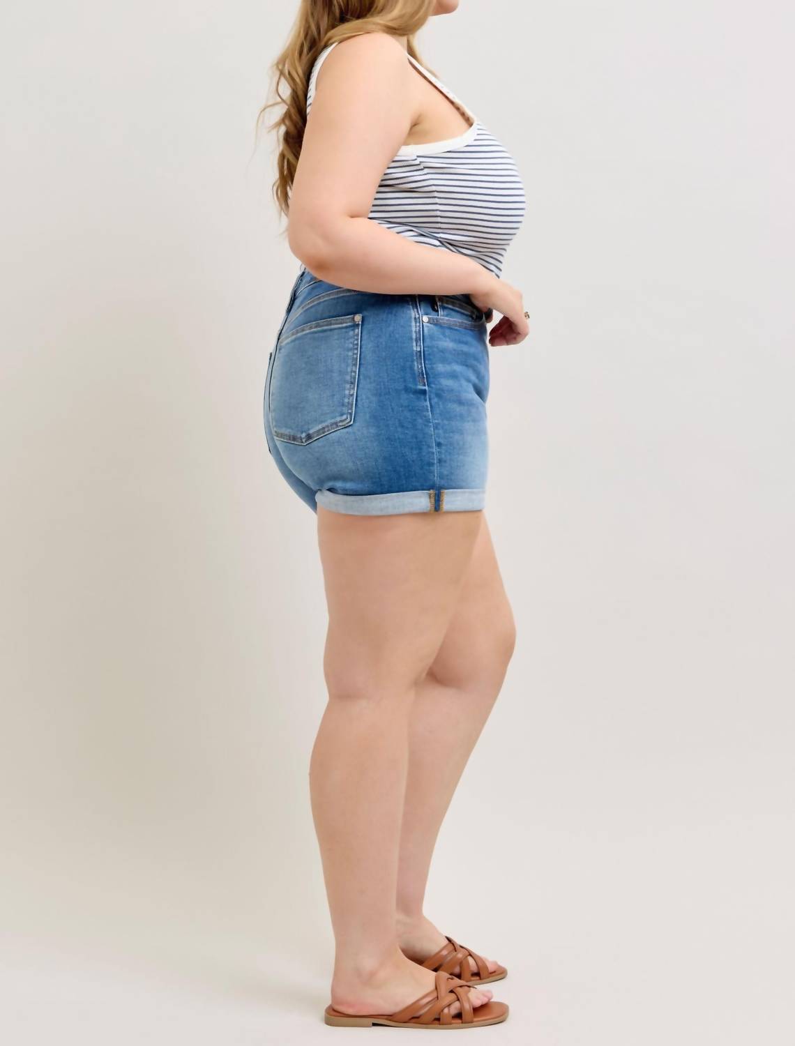 Judy Blue Mid Rise Slim Denim Short in blue - women's shorts - view 9