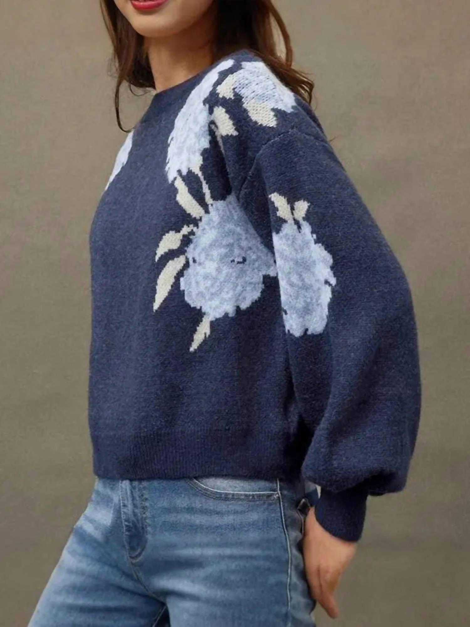 Rosa Clothing Casual Vintage Floral Pattern Pullover Sweater - Plus in blue - women's sweater - alternate view